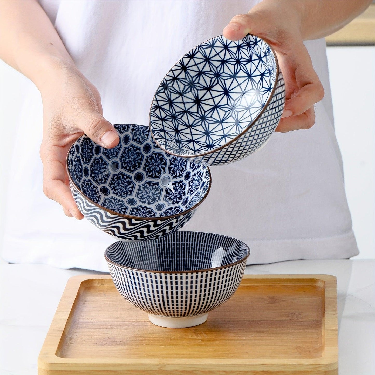 Japanese Style Ceramic Dessert Bowls 10oz Blue Pattern - HomeGoods Lima