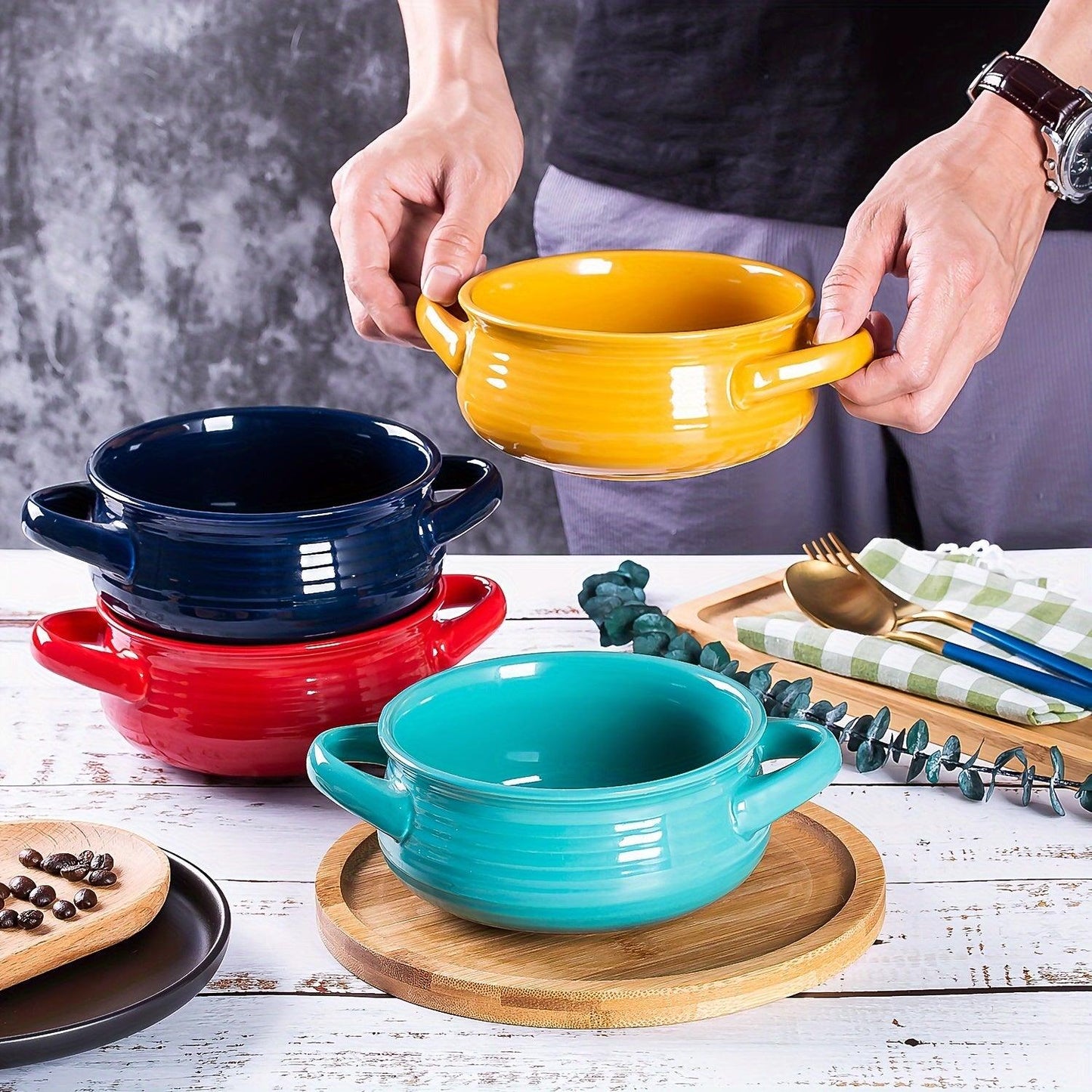 Set of 4 Ceramic Soup Bowls with Dual Handles - HomeGoods Lima