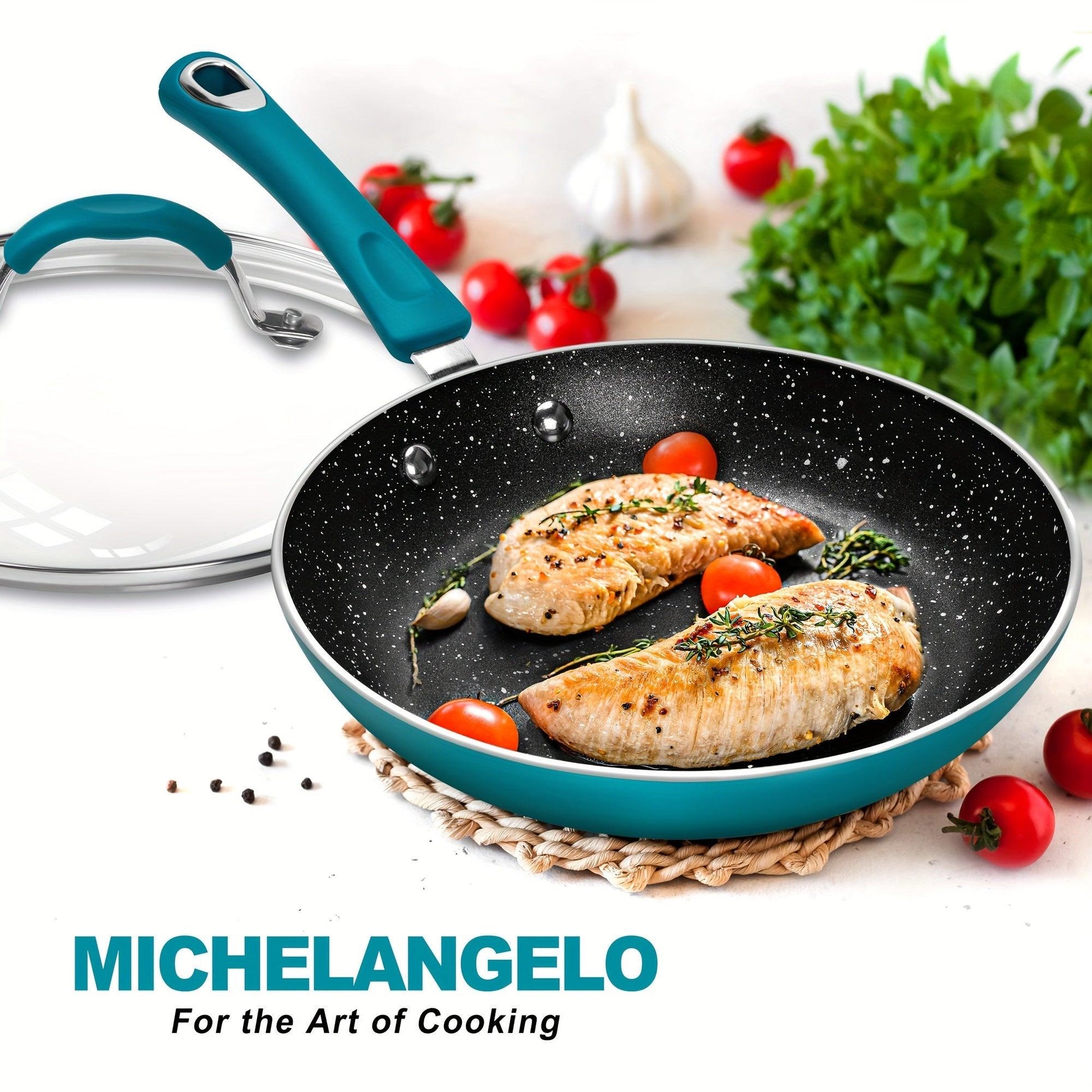 Cyan Nonstick Frying Pan with Lid Granite Interior Silicone Handle - HomeGoods Lima