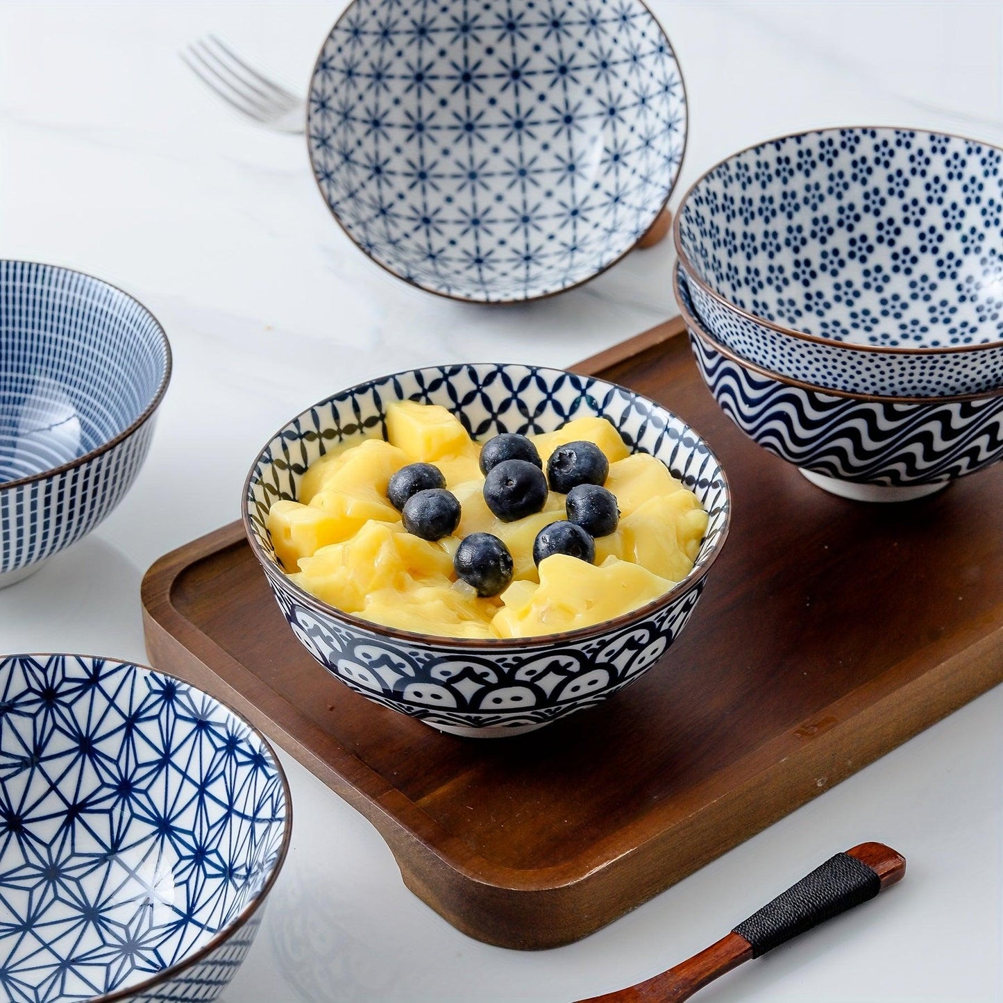 Japanese Style Ceramic Dessert Bowls 10oz Blue Pattern - HomeGoods Lima