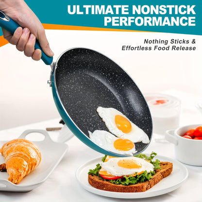 Cyan Nonstick Frying Pan with Lid Granite Interior Silicone Handle - HomeGoods Lima