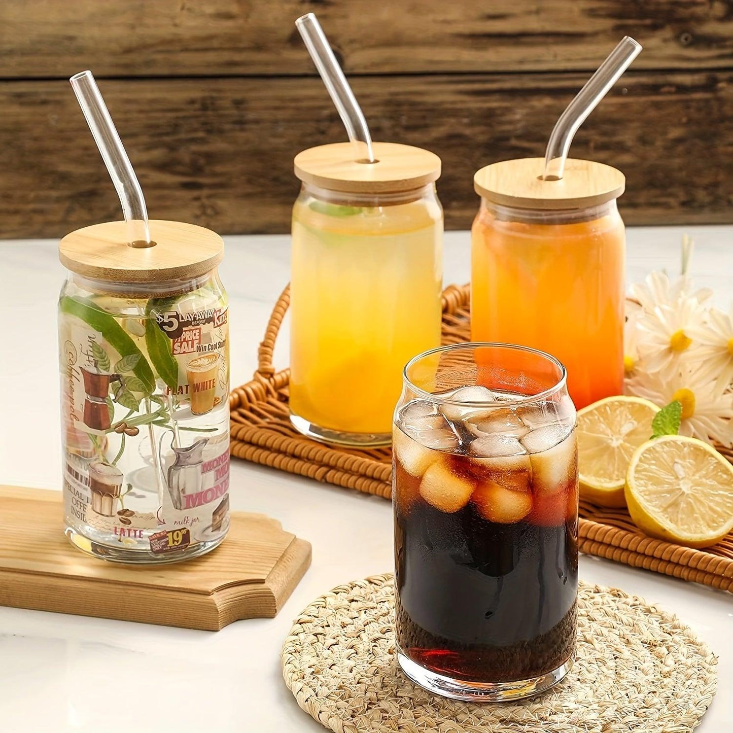 Glass Water Cups Set with Lid Straw Simple Tea Beer Juice and Coffee Mugs - HomeGoods Lima