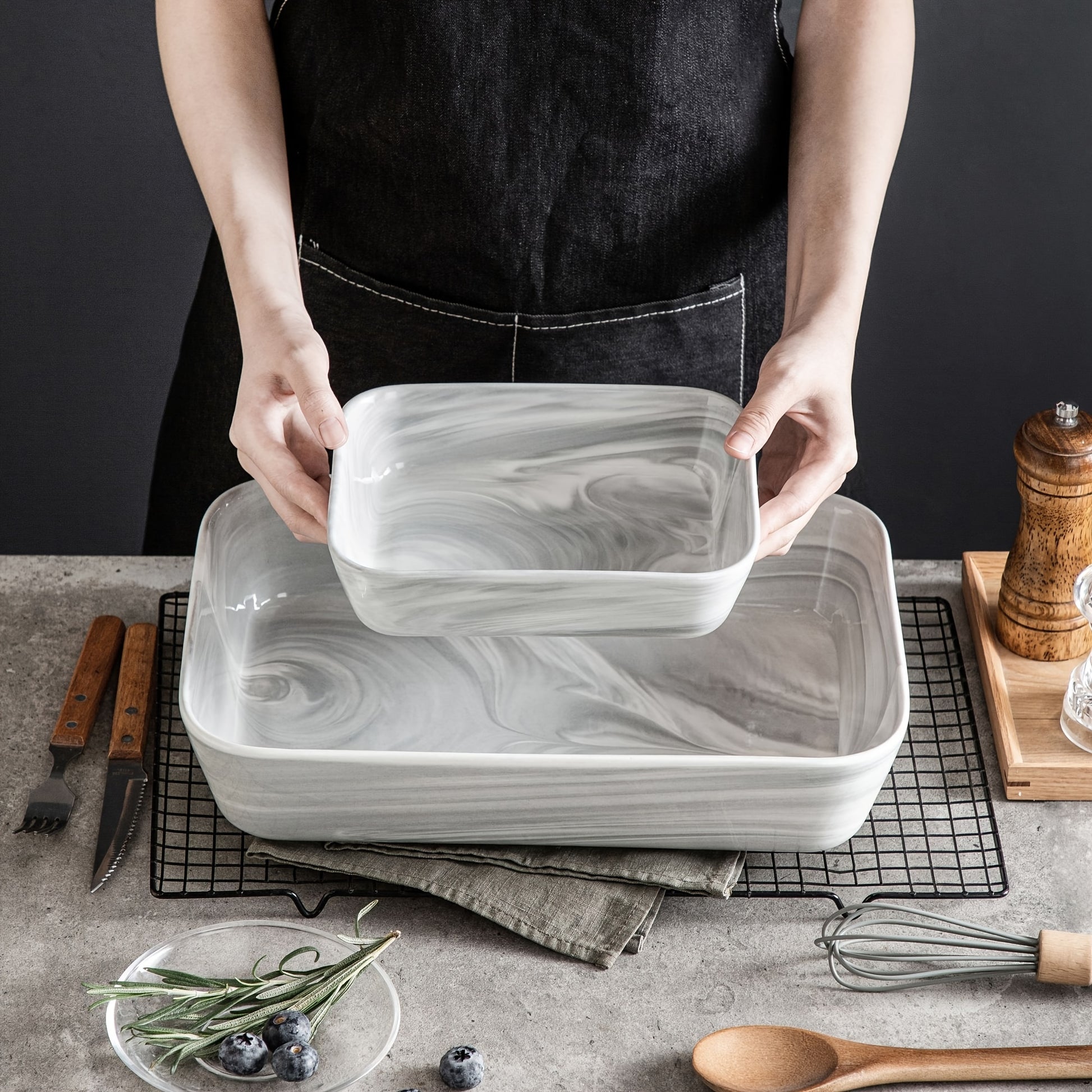 Marble Grey Rectangular Casserole Set with Ceramic Baking Dishes